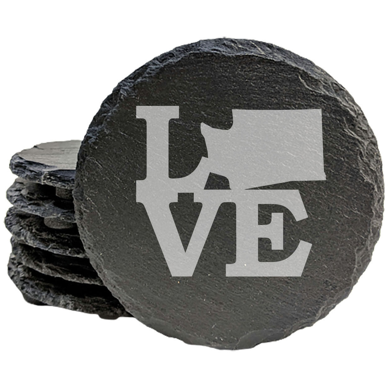 Rustic Slate Coasters Set of 4, Laser Etched 'LOVE' Design, Perfect Gift for Holidays, Birthdays, Housewarming, She-Shed, Man Cave, Made in Oregon, USA, 4" Round, Natural Chipped Edge, Rubber Feet