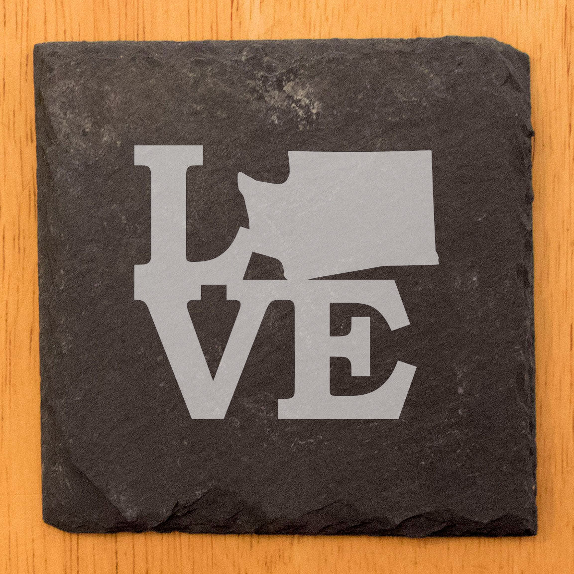 Rustic Slate Coasters Set of 4, Laser Etched 'LOVE' Design, Perfect Gift for Holidays, Birthdays, Housewarming, She-Shed, Man Cave, Made in Oregon, USA, 4" Round, Natural Chipped Edge, Rubber Feet