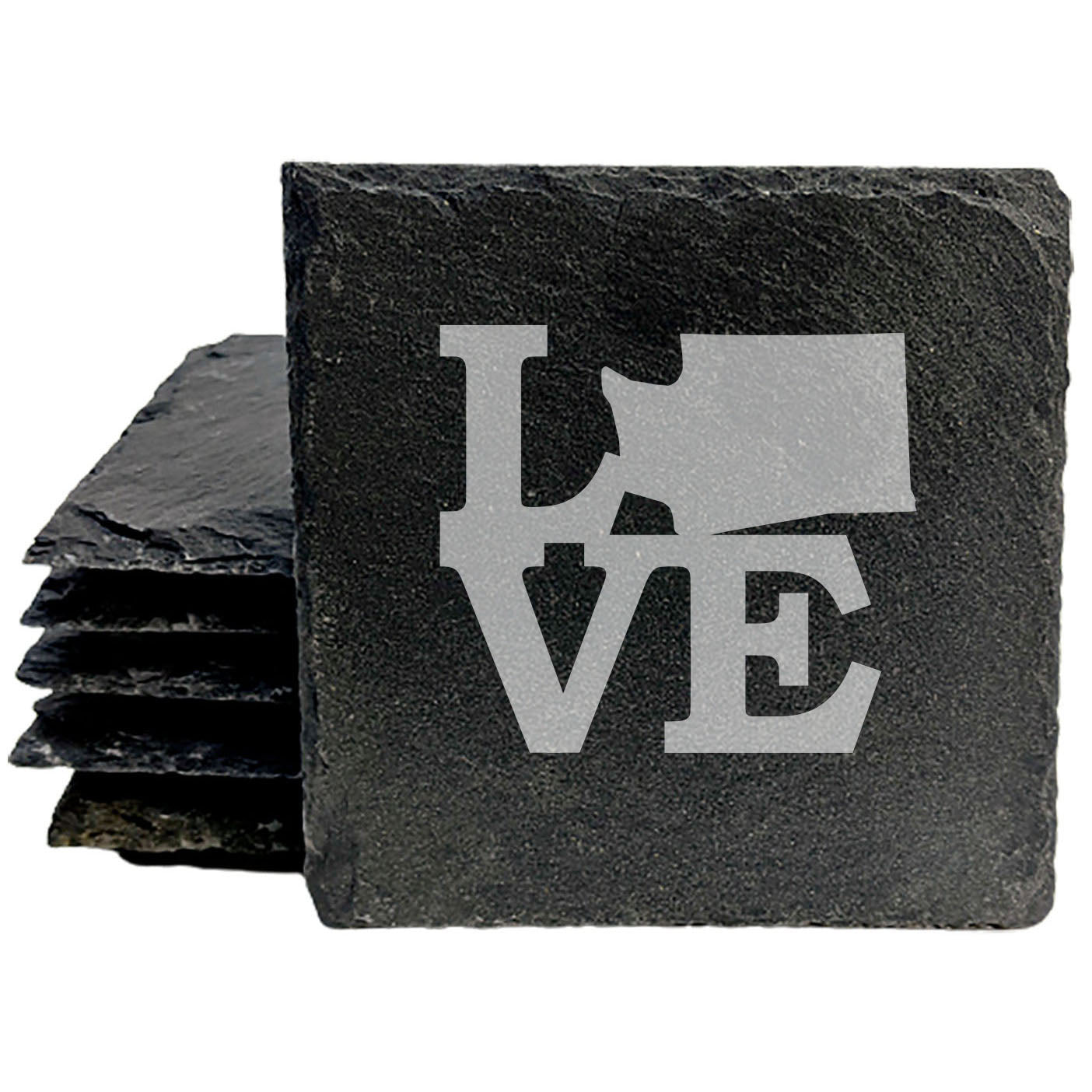 Rustic Slate Coasters Set of 4, Laser Etched 'LOVE' Design, Perfect Gift for Holidays, Birthdays, Housewarming, She-Shed, Man Cave, Made in Oregon, USA, 4" Round, Natural Chipped Edge, Rubber Feet