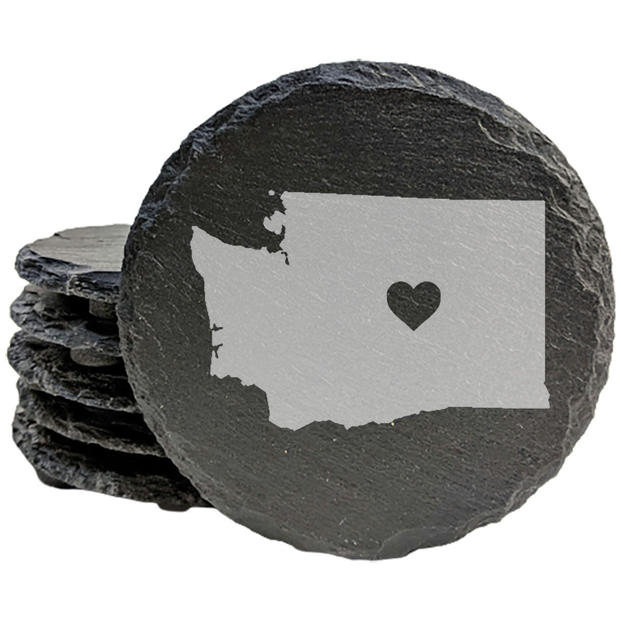 Rustic Slate Coasters Set of 4, Round 4" with Washington State Heart Design, Perfect for Holidays, Birthdays, Housewarming Gifts, She-Shed or Man Cave, Made in Oregon, USA, Natural Chipped Edge