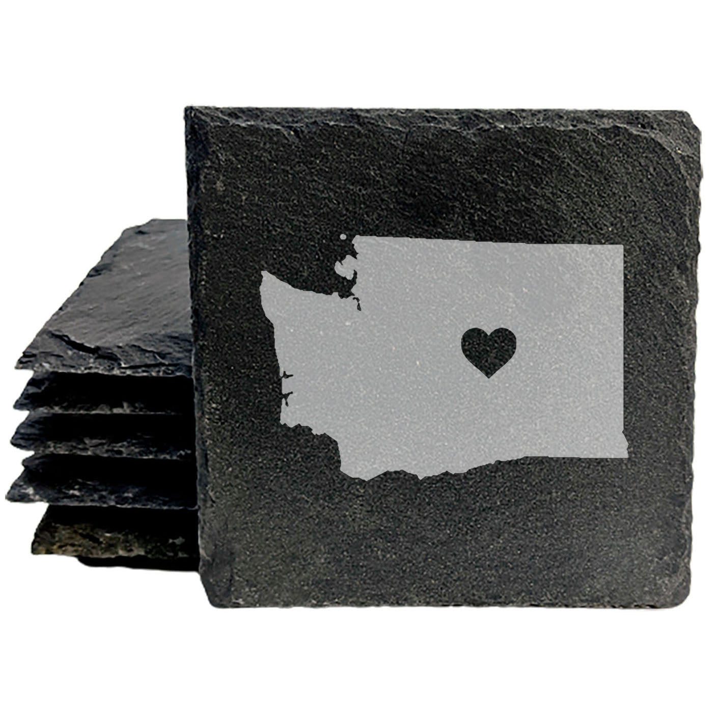Rustic Slate Coasters Set of 4, Round 4" with Washington State Heart Design, Perfect for Holidays, Birthdays, Housewarming Gifts, She-Shed or Man Cave, Made in Oregon, USA, Natural Chipped Edge