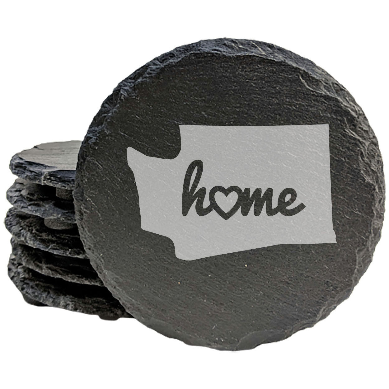 Rustic Slate Coasters Set of 4, Round 4" with Washington State 'Home' Heart Design, Perfect for Holidays, Birthdays, Housewarming Gifts, Made in Oregon, USA, Natural Chipped Edge, Rubber Feet