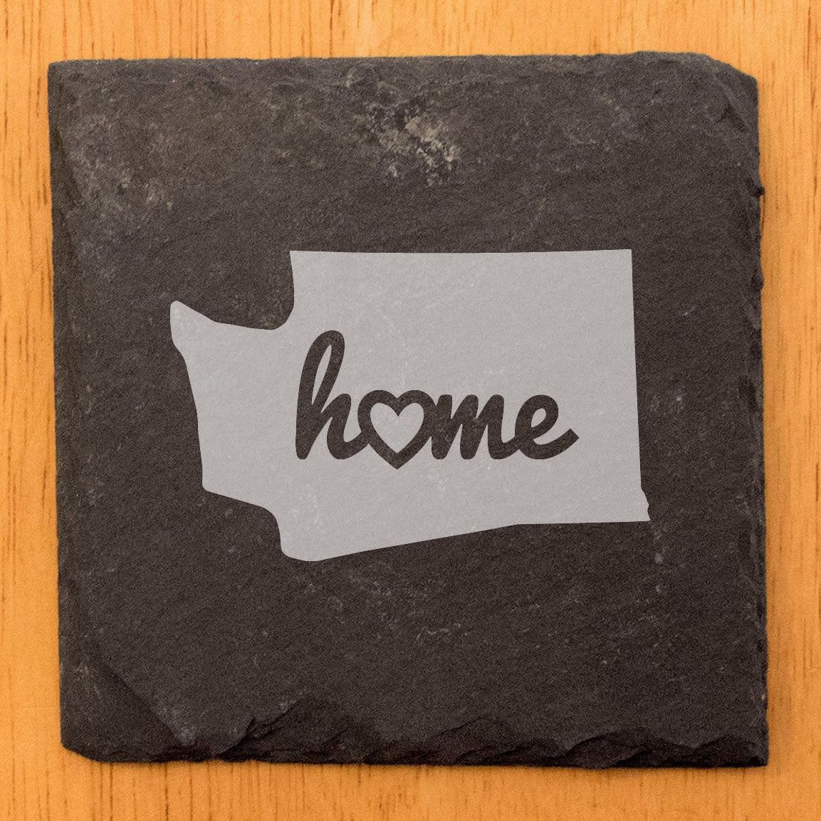 Rustic Slate Coasters Set of 4, Round 4" with Washington State 'Home' Heart Design, Perfect for Holidays, Birthdays, Housewarming Gifts, Made in Oregon, USA, Natural Chipped Edge, Rubber Feet