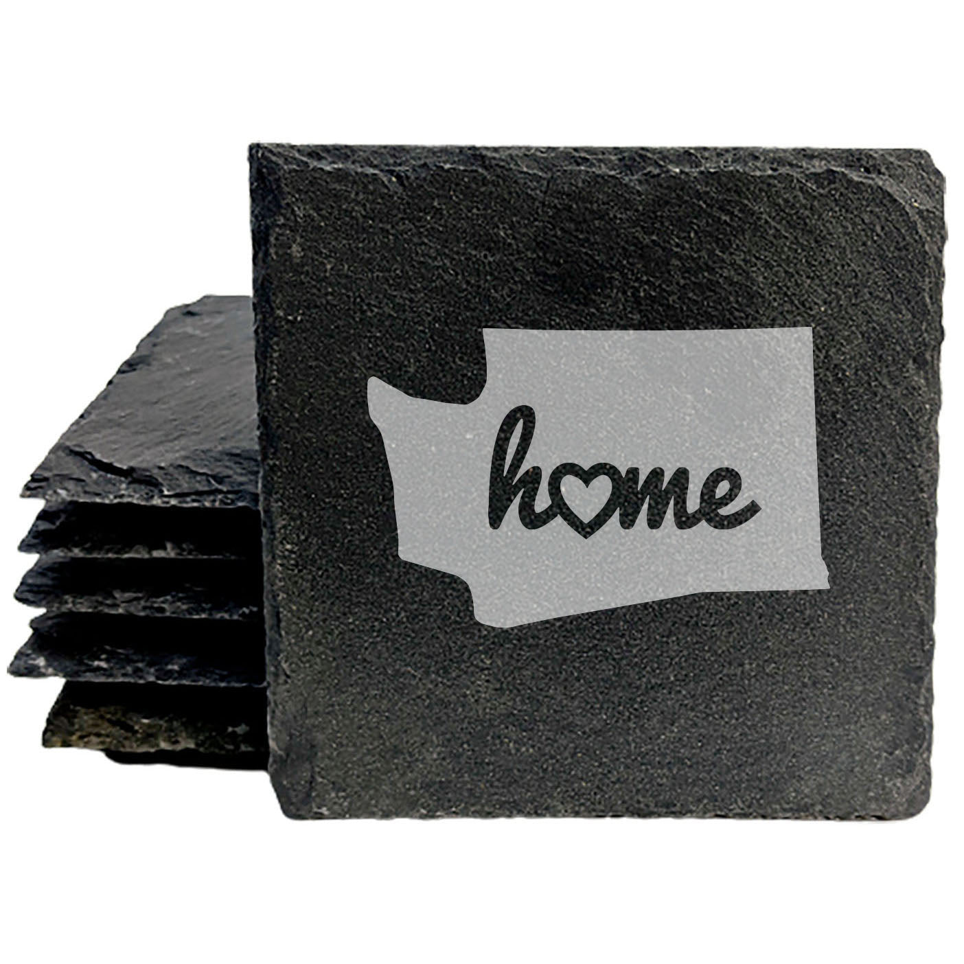 Rustic Slate Coasters Set of 4, Round 4" with Washington State 'Home' Heart Design, Perfect for Holidays, Birthdays, Housewarming Gifts, Made in Oregon, USA, Natural Chipped Edge, Rubber Feet