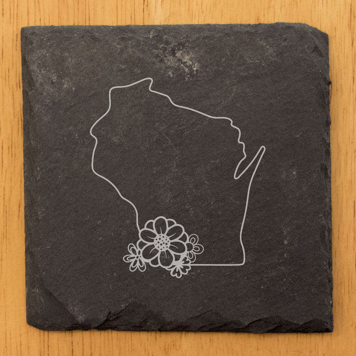 Rustic Slate Coasters Set of 4 - Wisconsin State Outline Design w/ Flower - 4" Round/Square - Natural Chipped Edge, Rubber Feet - Perfect Gift for Holidays, Birthdays, Housewarming - Made in USA