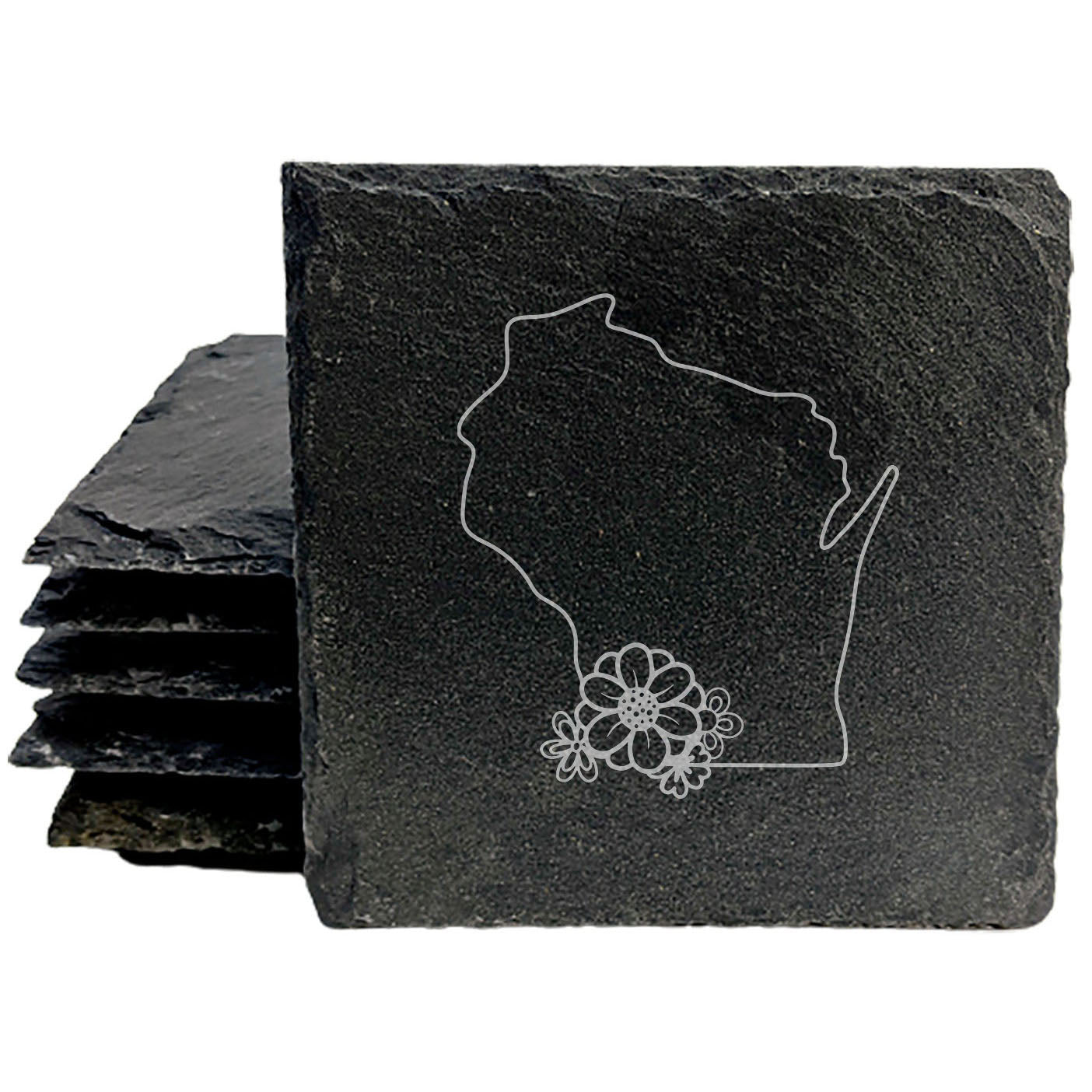 Rustic Slate Coasters Set of 4 - Wisconsin State Outline Design w/ Flower - 4" Round/Square - Natural Chipped Edge, Rubber Feet - Perfect Gift for Holidays, Birthdays, Housewarming - Made in USA