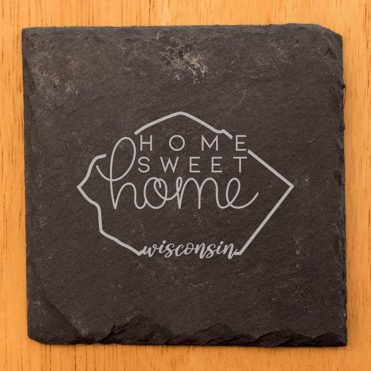 Rustic Slate Coasters Set of 4, Round 4" with Wisconsin 'Home Sweet Home' Design, Perfect Gift for Holidays, Birthdays, Housewarming, She-Shed, Man Cave, Made in Oregon, USA, Natural Chipped Edge