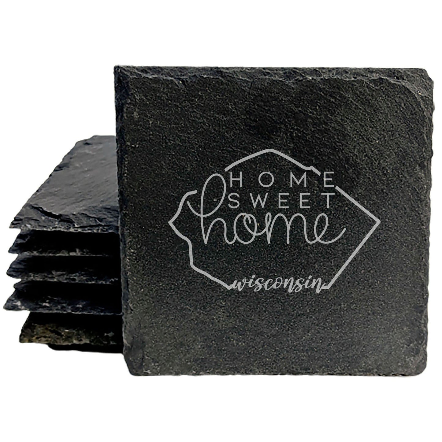 Rustic Slate Coasters Set of 4, Round 4" with Wisconsin 'Home Sweet Home' Design, Perfect Gift for Holidays, Birthdays, Housewarming, She-Shed, Man Cave, Made in Oregon, USA, Natural Chipped Edge