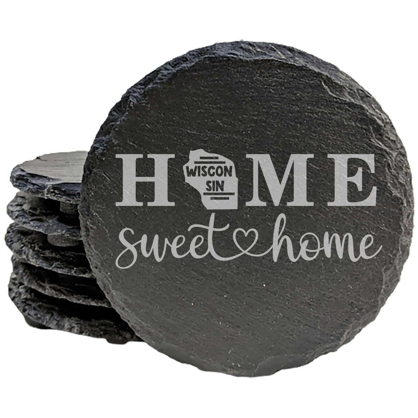 Rustic Slate Coasters Set of 4 - 4" Round, Laser Etched 'HOME SWEET HOME' Design with Wisconsin State Shape, Perfect Gift for Holidays, Birthdays, Housewarming - Made in Oregon, USA