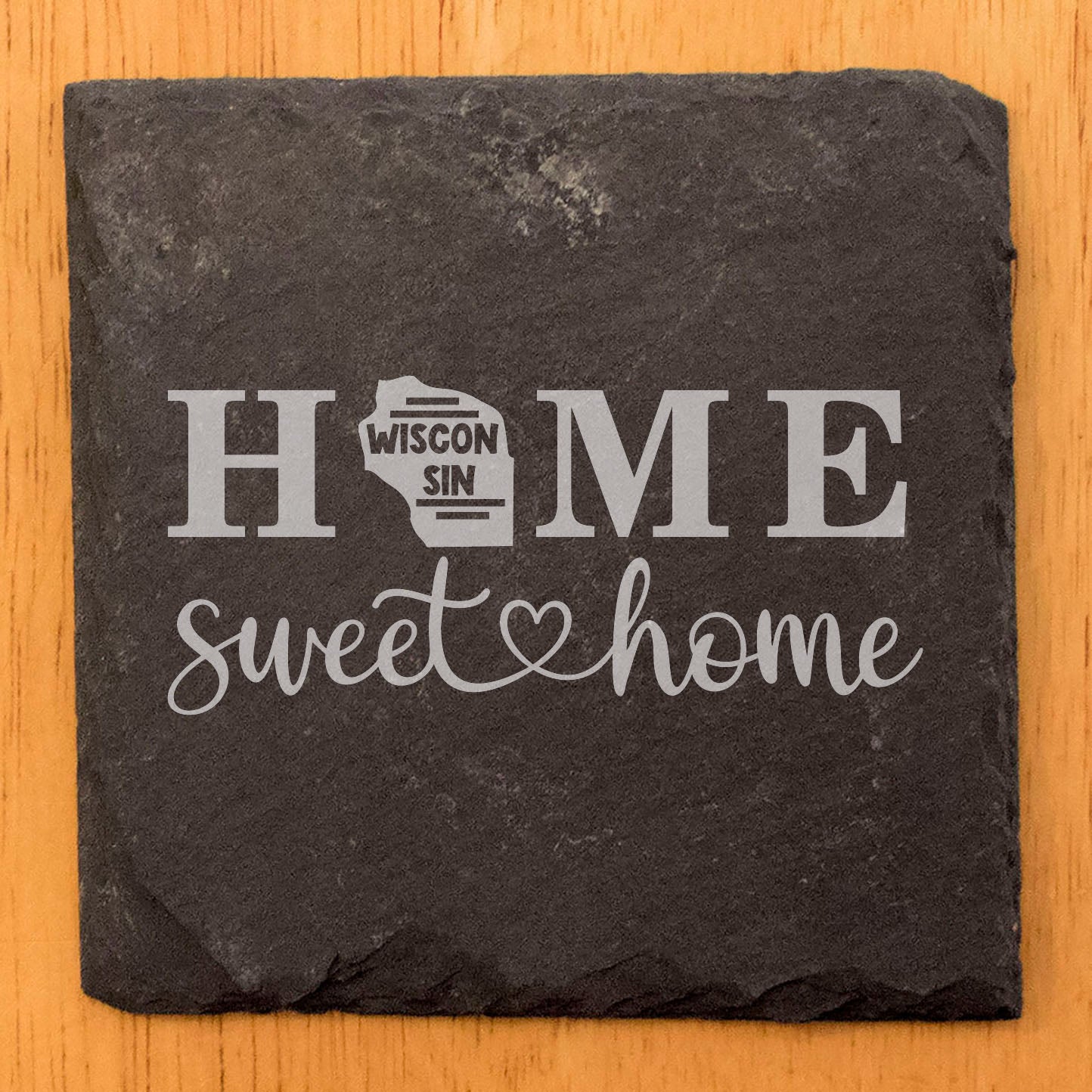 Rustic Slate Coasters Set of 4 - 4" Round, Laser Etched 'HOME SWEET HOME' Design with Wisconsin State Shape, Perfect Gift for Holidays, Birthdays, Housewarming - Made in Oregon, USA