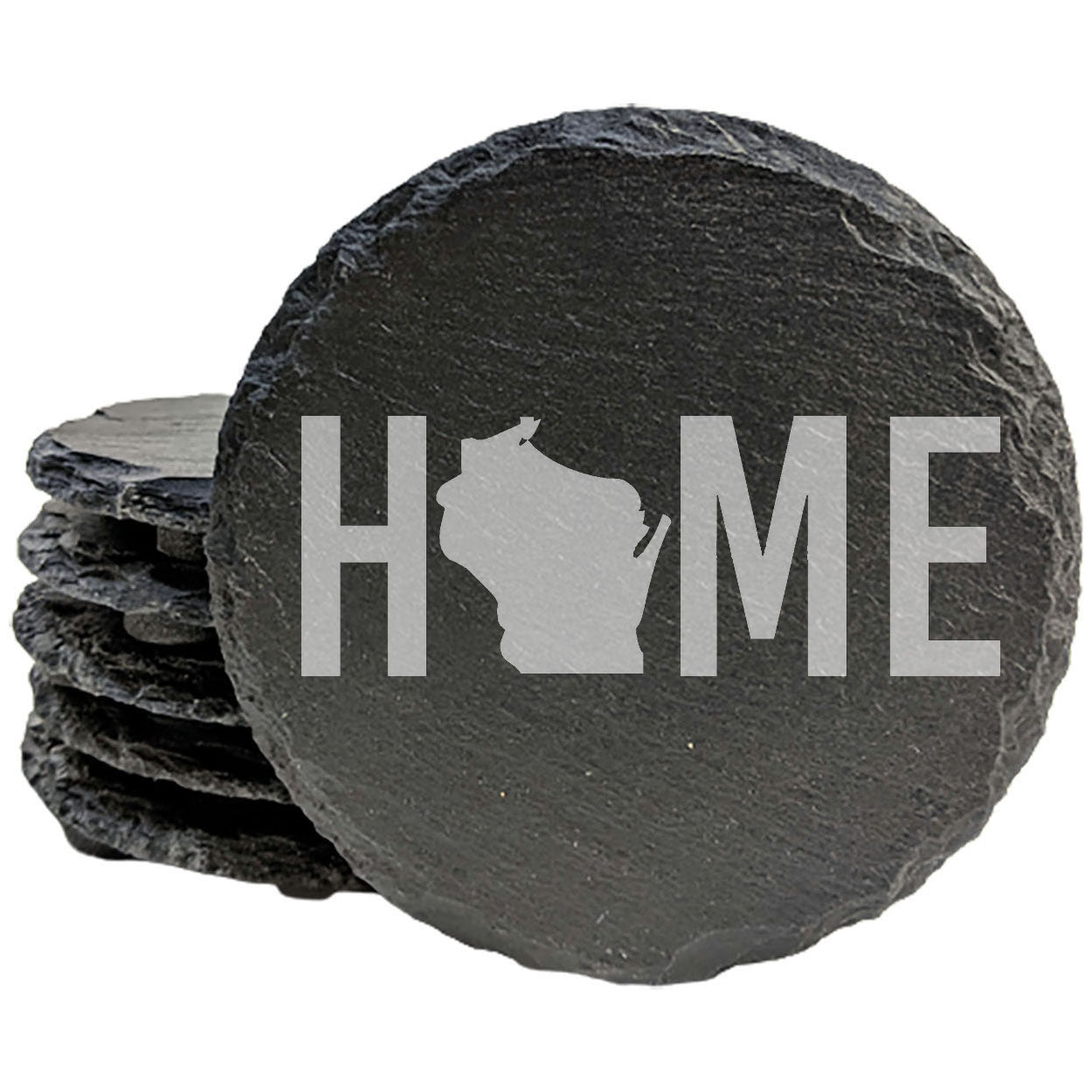 Rustic Slate Coasters Set of 4 - Laser Etched 'HOME' Design with Wisconsin State - Perfect Gift for Holidays, Birthdays, Housewarming - 4" Round, Natural Chipped Edge, Made in Oregon, USA