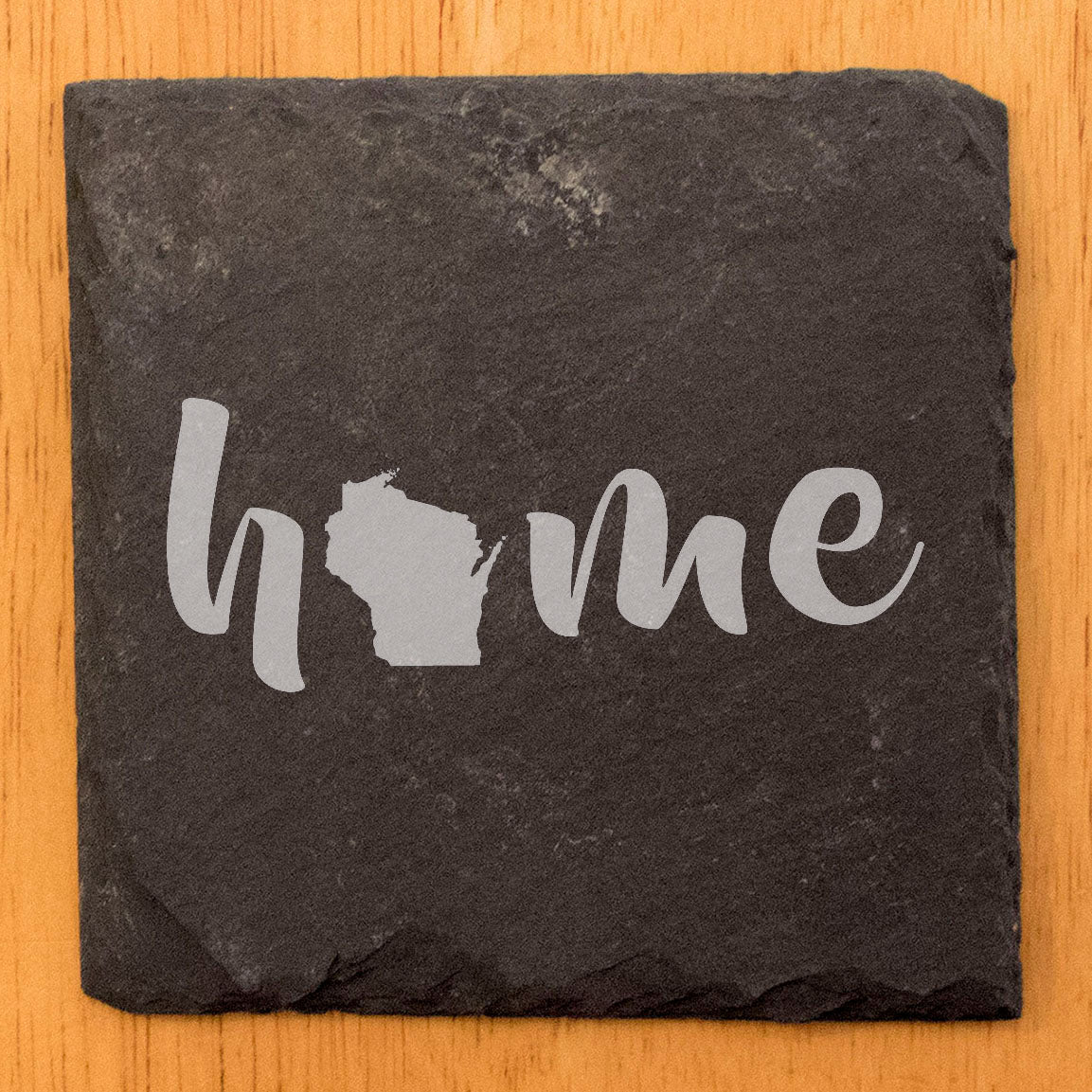 Rustic Slate Coasters Set of 4 - Laser Etched 'Home' Design with Wisconsin State - Perfect Gift for Holidays, Birthdays, Housewarming - 4" Round/Square - Made in Oregon, USA - Natural Edge