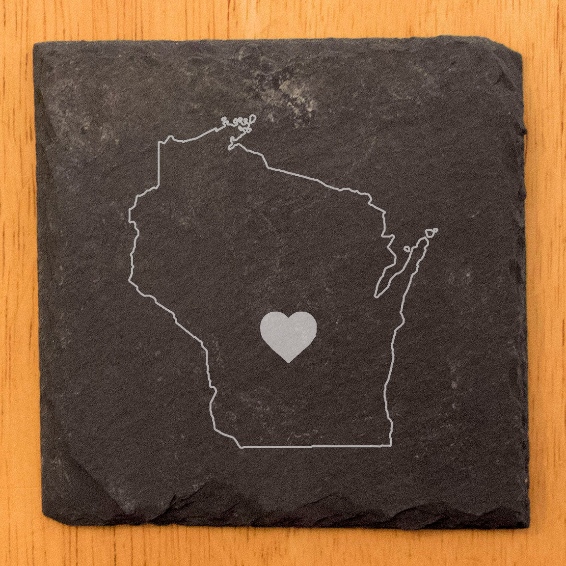 Rustic Slate Coasters Set of 4, Round 4" with Wisconsin Heart Design, Perfect for Holidays, Birthdays, Housewarming Gifts, She-Shed or Man Cave, Made in Oregon, USA, Natural Chipped Edge