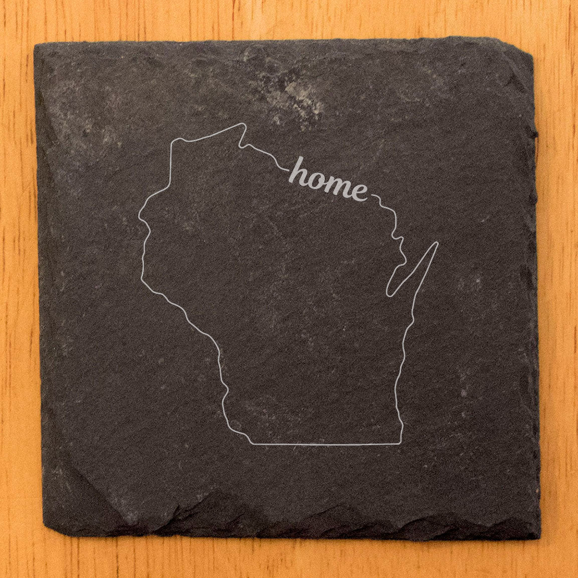 Rustic Slate Coasters Set of 4, Round 4" with Wisconsin 'Home' Design, Perfect for Holidays, Birthdays, Housewarming Gifts, She-Shed or Man Cave, Made in Oregon, USA, Natural Chipped Edge