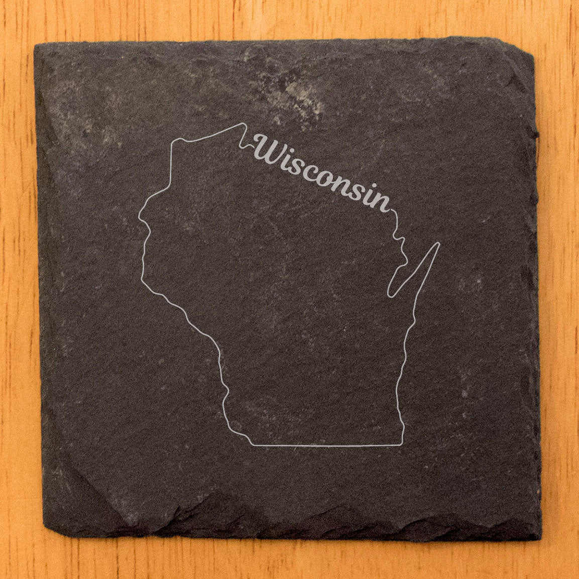 Rustic Slate Coasters Set of 4 - Wisconsin State Design, 4" Round, Laser Etched, Natural Chipped Edge, Rubber Feet, , Perfect for Holidays, Birthdays, Housewarming, Made in USA