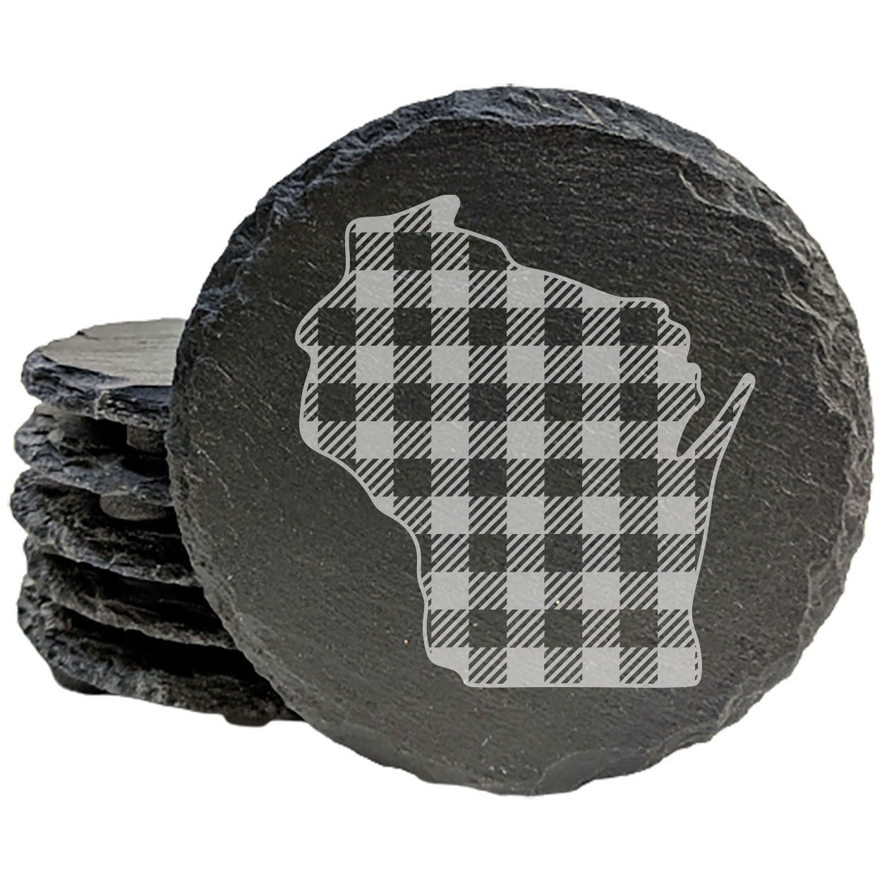 Rustic Slate Coasters Set of 4, Round 4" with Wisconsin Plaid Design, Perfect for Holidays, Birthdays, Housewarming Gifts, She-Shed or Man Cave, Made in Oregon, USA, Natural Chipped Edge