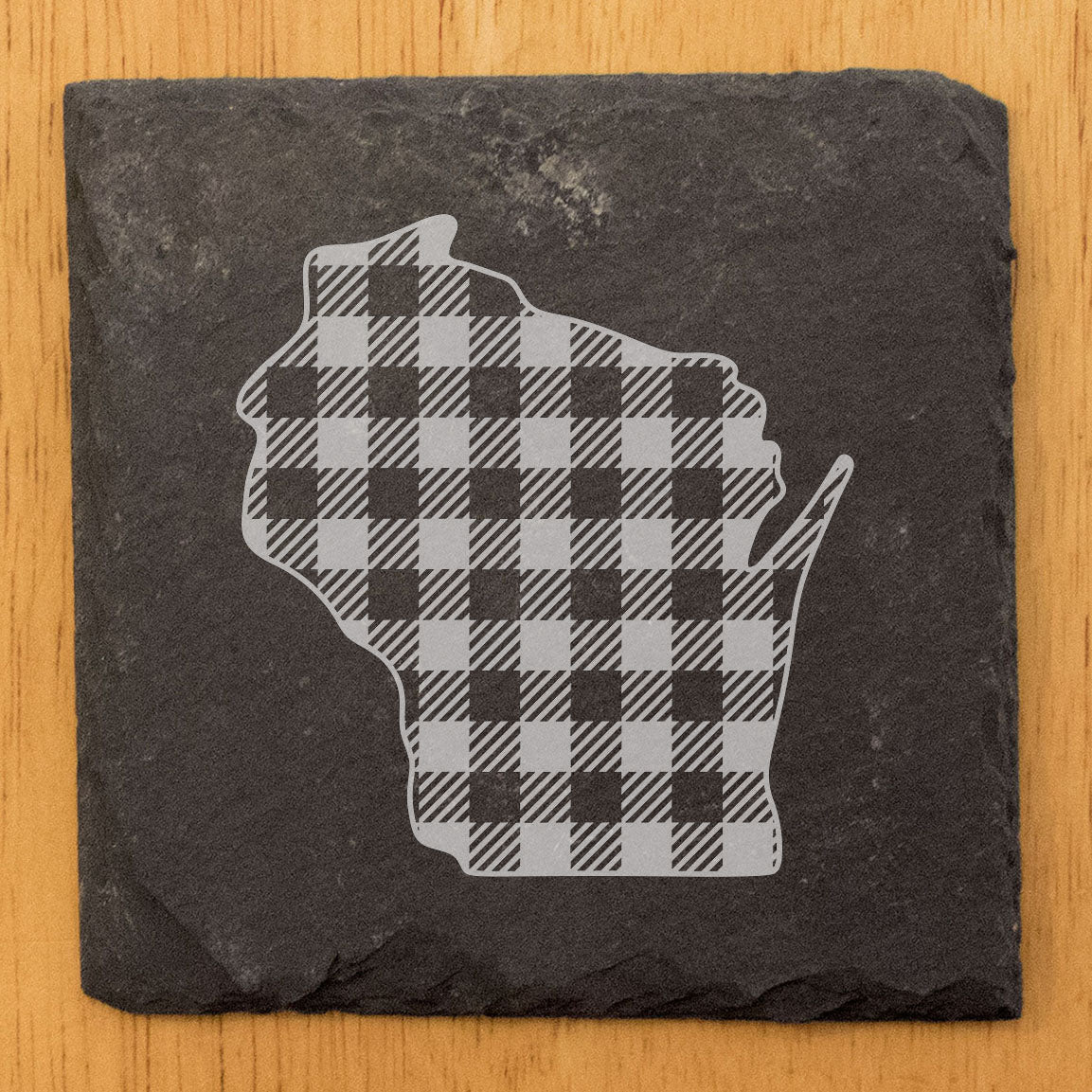 Rustic Slate Coasters Set of 4, Round 4" with Wisconsin Plaid Design, Perfect for Holidays, Birthdays, Housewarming Gifts, She-Shed or Man Cave, Made in Oregon, USA, Natural Chipped Edge