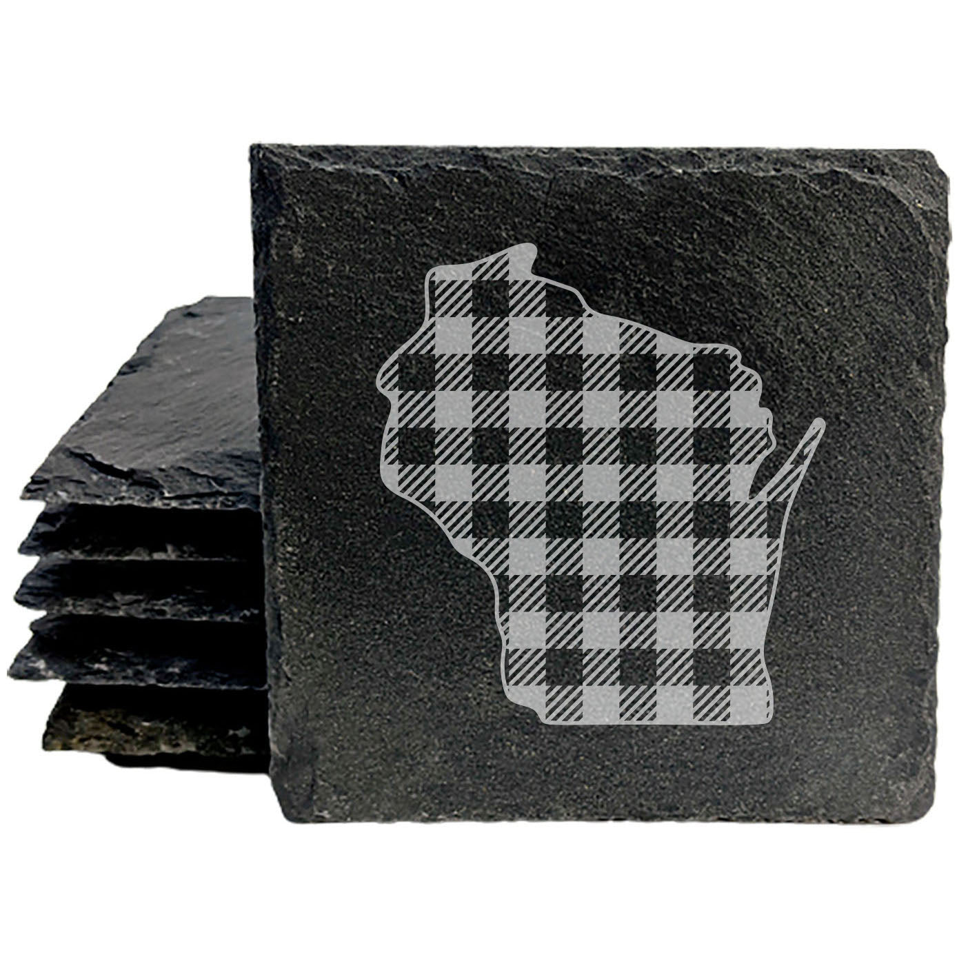 Rustic Slate Coasters Set of 4, Round 4" with Wisconsin Plaid Design, Perfect for Holidays, Birthdays, Housewarming Gifts, She-Shed or Man Cave, Made in Oregon, USA, Natural Chipped Edge