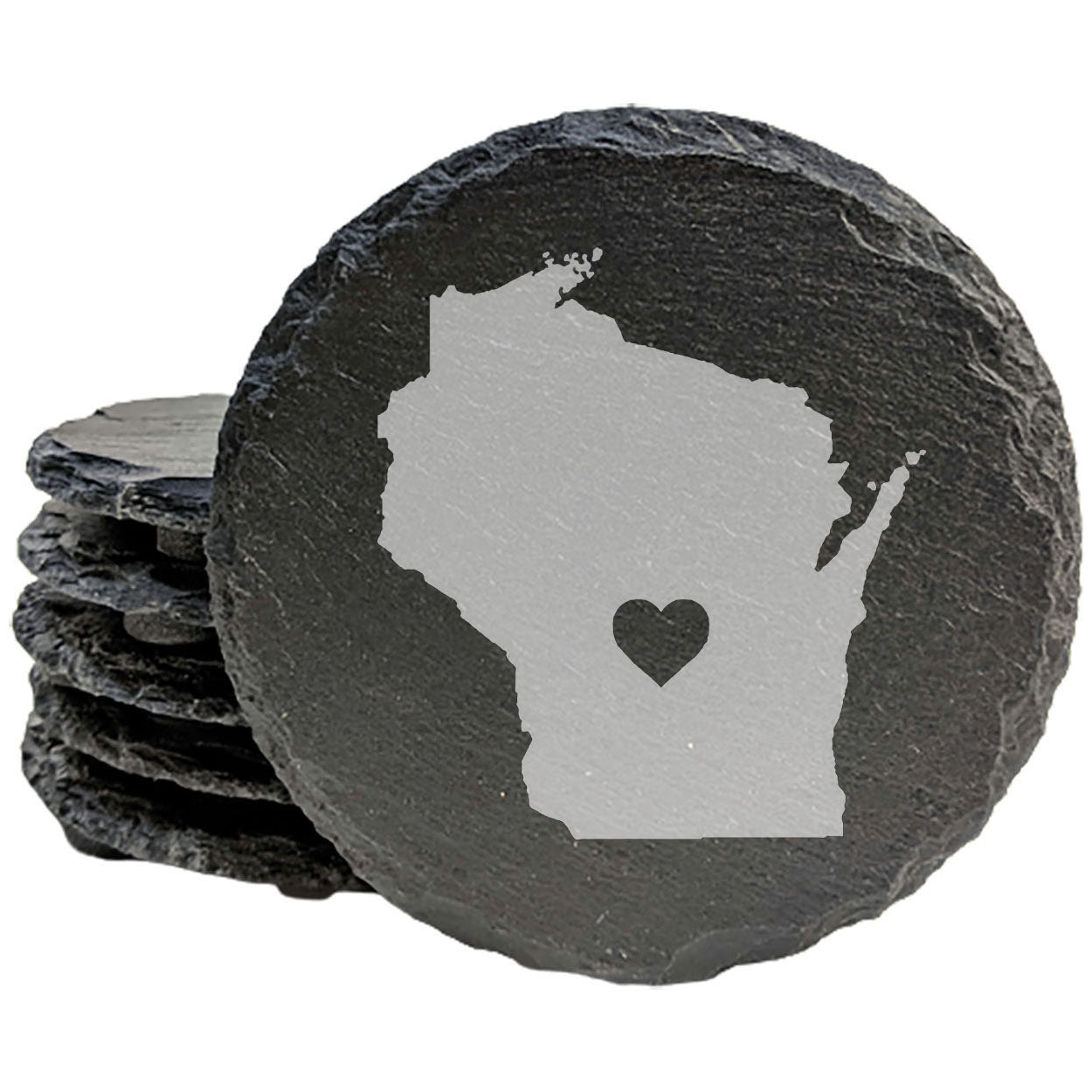 Rustic Slate Coasters Set of 4, Round 4" with Wisconsin Heart Design, Perfect for Holidays, Birthdays, Housewarming, She-Shed, Man Cave, Made in Oregon, USA, Natural Chipped Edge, Gift Boxed