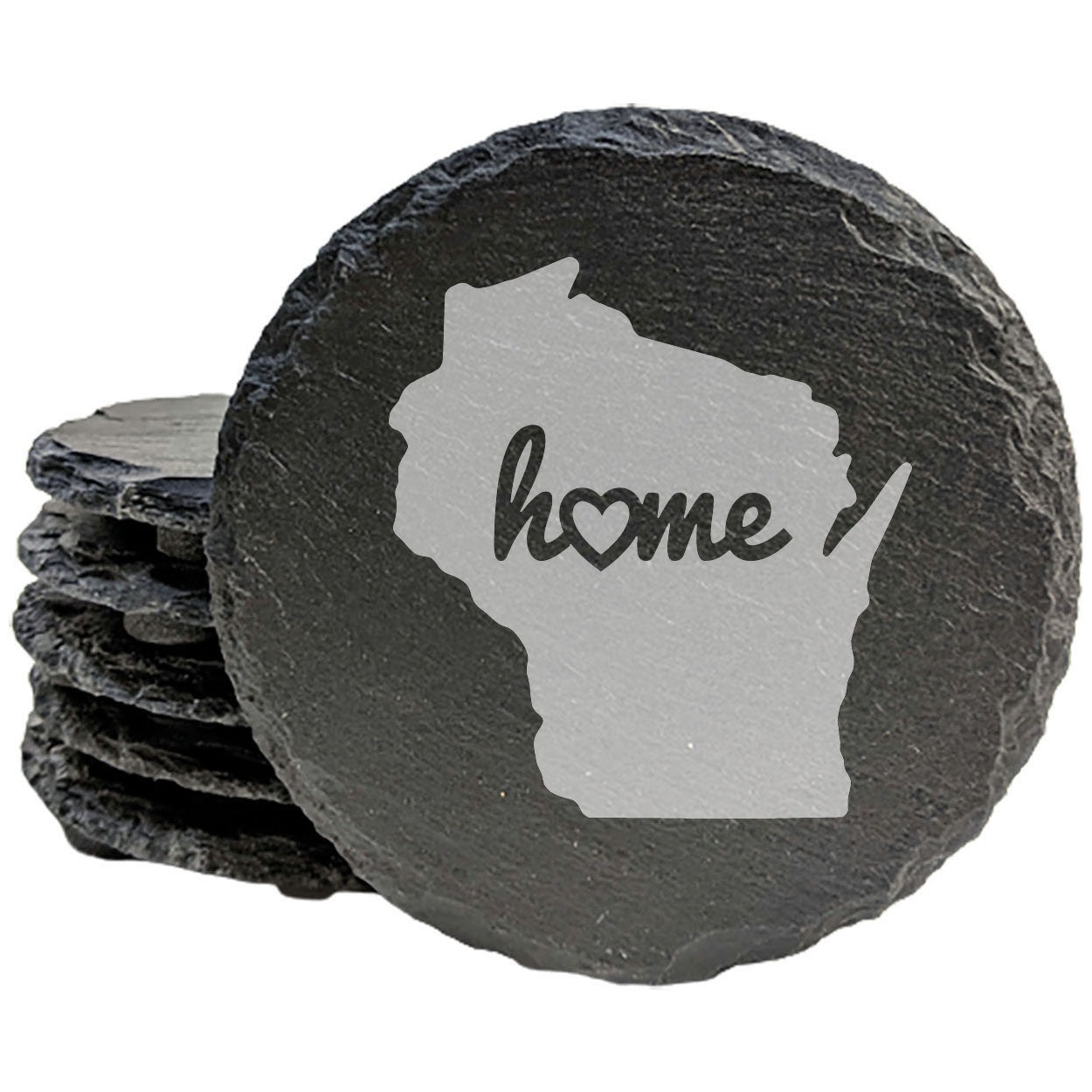 Rustic Slate Coasters Set of 4, Round 4" with Wisconsin 'Home' Heart Design, Perfect for Holidays, Birthdays, Housewarming Gifts, She-Shed or Man Cave, Made in Oregon, USA, Natural Chipped Edge