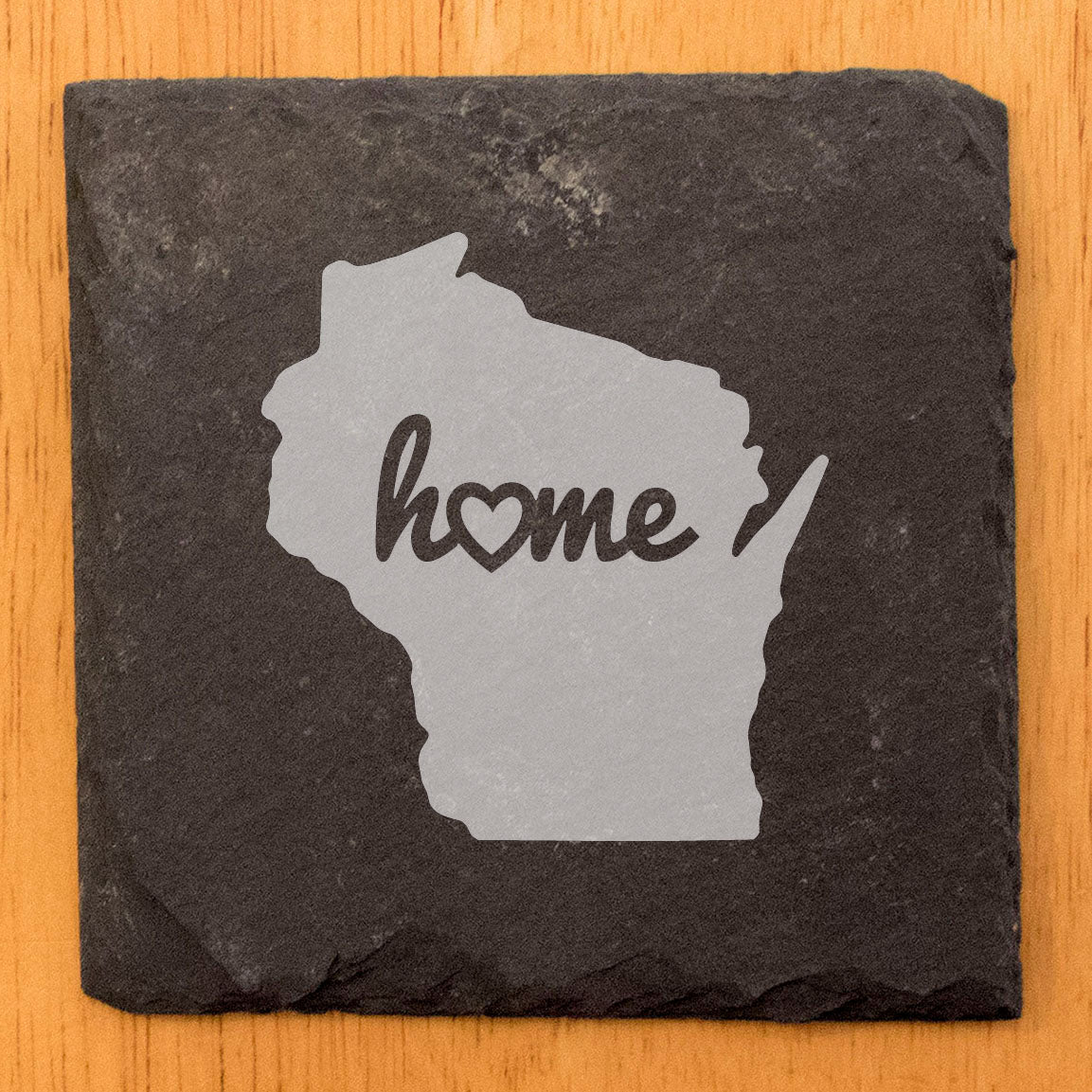 Rustic Slate Coasters Set of 4, Round 4" with Wisconsin 'Home' Heart Design, Perfect for Holidays, Birthdays, Housewarming Gifts, She-Shed or Man Cave, Made in Oregon, USA, Natural Chipped Edge