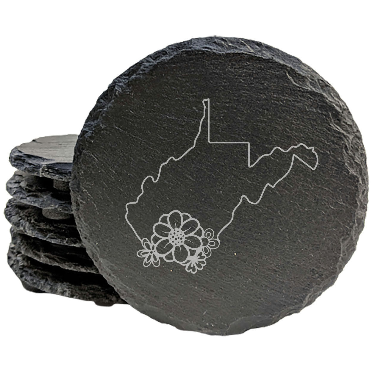 Rustic Slate Coasters Set of 4 - Laser Etched West Virginia Design with Flower - Perfect Gift for Holidays, Birthdays, Housewarming - 4" Round or Square - Made in Oregon, USA - Natural Edge