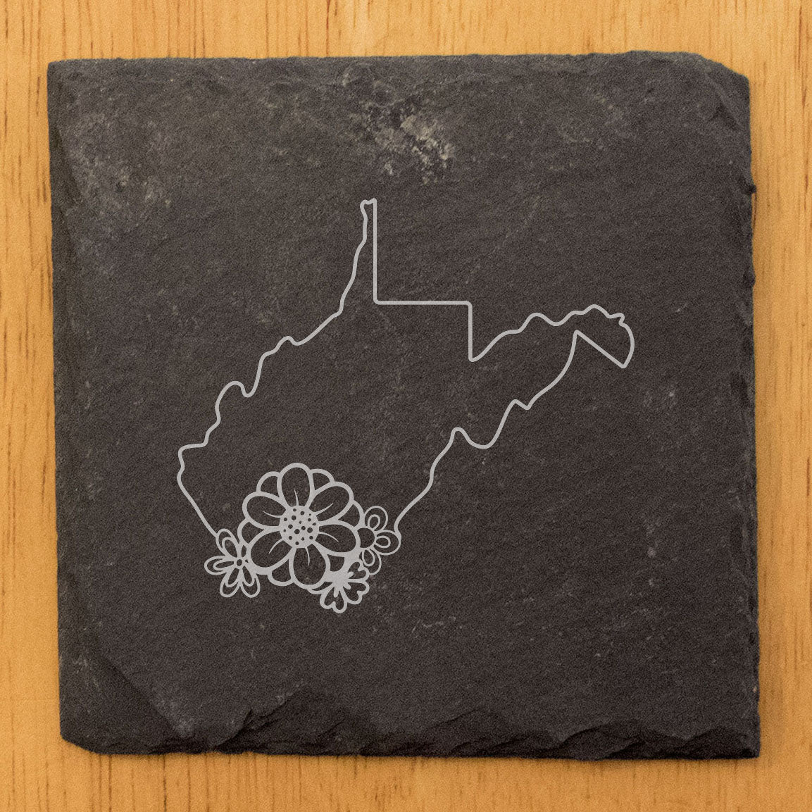Rustic Slate Coasters Set of 4 - Laser Etched West Virginia Design with Flower - Perfect Gift for Holidays, Birthdays, Housewarming - 4" Round or Square - Made in Oregon, USA - Natural Edge