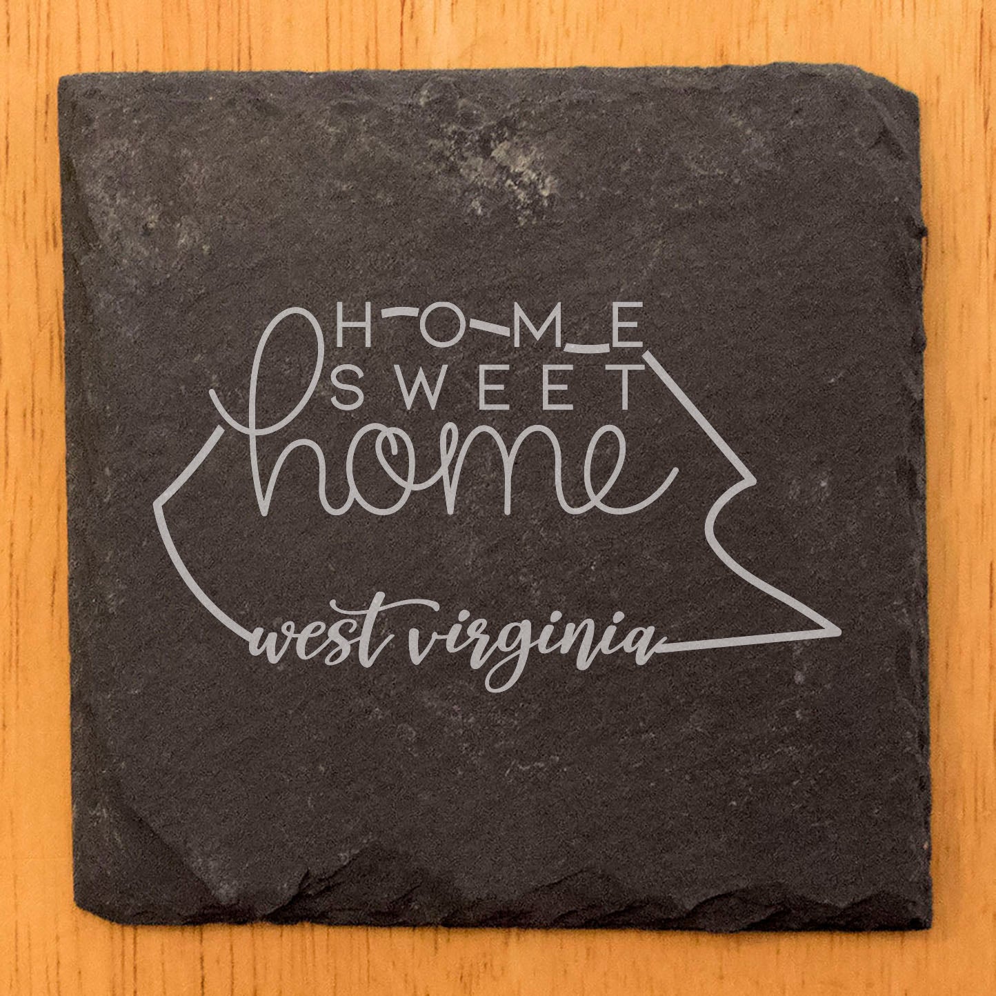 Rustic Slate Coasters Set of 4, Round 4" with West Virginia 'Home Sweet Home' Design, Perfect Gift for Holidays, Birthdays, Housewarming, She-Shed, Man Cave, Made in Oregon, USA, Natural Edge