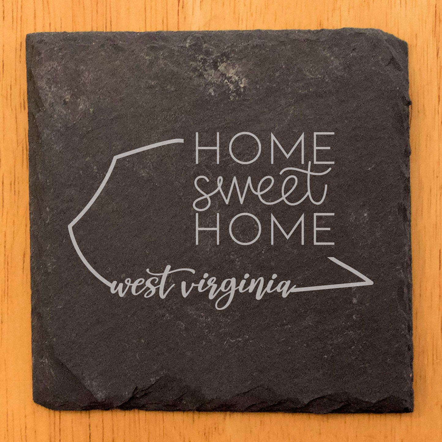 Rustic Slate Coasters Set of 4, 4" Round, Laser Etched West Virginia Design, 'Home Sweet Home', Perfect Gift for Holidays, Birthdays, Housewarming, Made in Oregon, USA, Natural Chipped Edge