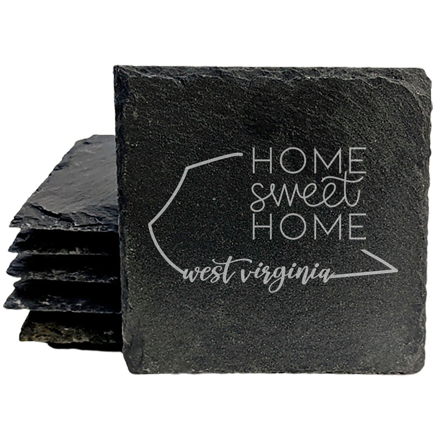 Rustic Slate Coasters Set of 4, 4" Round, Laser Etched West Virginia Design, 'Home Sweet Home', Perfect Gift for Holidays, Birthdays, Housewarming, Made in Oregon, USA, Natural Chipped Edge
