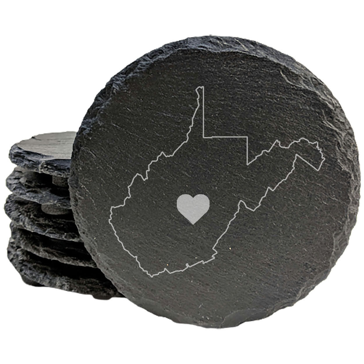 Rustic Slate Coasters Set of 4, Round 4" with West Virginia Heart Design, Perfect for Holidays, Birthdays, Housewarming Gifts, She-Shed or Man Cave, Made in Oregon, USA, Natural Chipped Edge