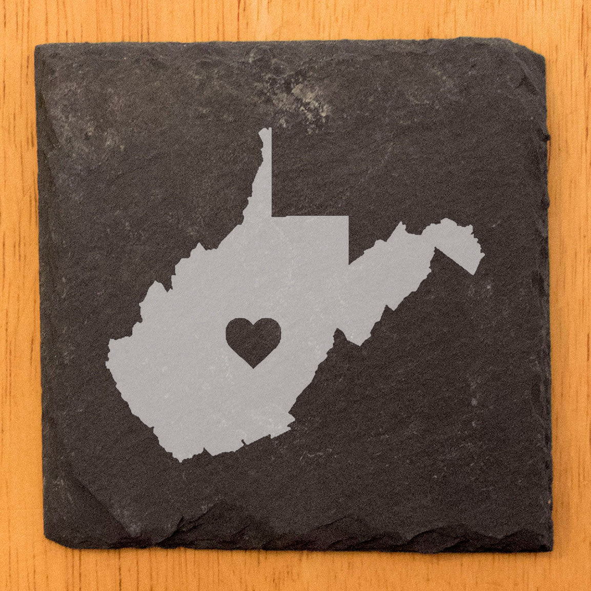 Rustic Slate Coasters Set of 4, Round 4" with West Virginia Heart Design, Perfect for Holidays, Birthdays, Housewarming Gifts, She-Shed or Man Cave, Made in Oregon, USA, Natural Chipped Edge