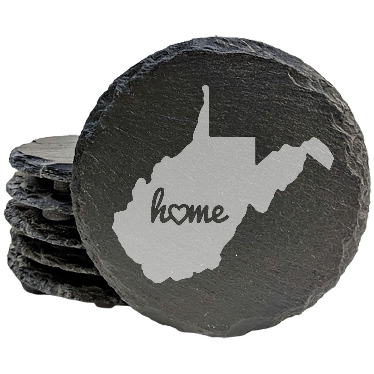 Rustic Slate Coasters Set of 4, Round 4" with West Virginia 'Home' Heart Design, Perfect for Holidays, Birthdays, Housewarming, She-Shed, Man Cave, Made in Oregon, USA,