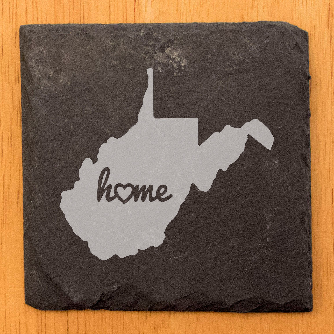 Rustic Slate Coasters Set of 4, Round 4" with West Virginia 'Home' Heart Design, Perfect for Holidays, Birthdays, Housewarming, She-Shed, Man Cave, Made in Oregon, USA,