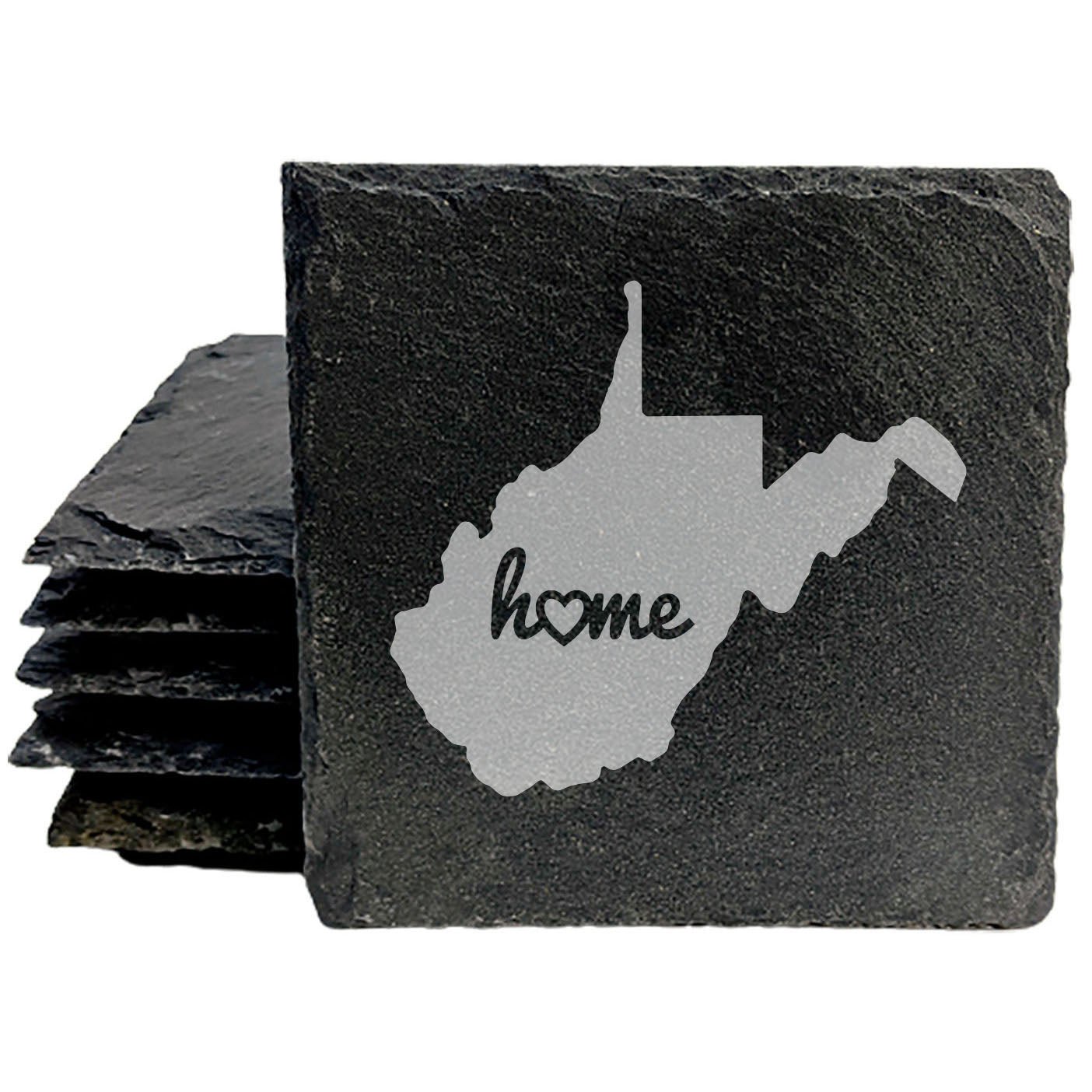 Rustic Slate Coasters Set of 4, Round 4" with West Virginia 'Home' Heart Design, Perfect for Holidays, Birthdays, Housewarming, She-Shed, Man Cave, Made in Oregon, USA,