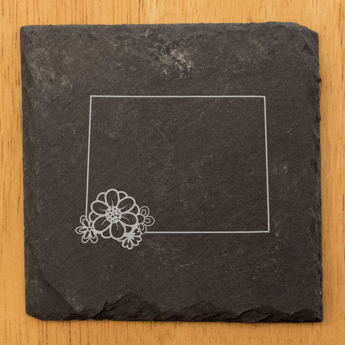 Rustic Slate Coasters Set of 4 - Wyoming State Outline Design, 4" Round/Square, Natural Chipped Edge, Rubber Feet, - Perfect for Holidays, Birthdays, Housewarming - Made in USA