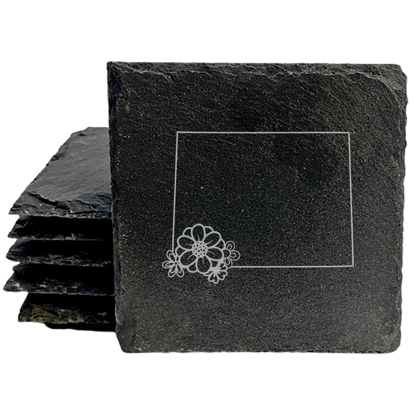 Rustic Slate Coasters Set of 4 - Wyoming State Outline Design, 4" Round/Square, Natural Chipped Edge, Rubber Feet, - Perfect for Holidays, Birthdays, Housewarming - Made in USA