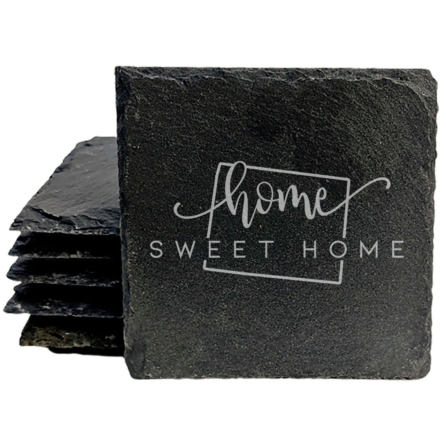 Rustic Slate Coasters Set of 4, Round 4" with 'Home Sweet Home' Wyoming Design, Perfect Gift for Holidays, Birthdays, Housewarming, She-Shed, Man Cave, Made in Oregon, USA, Natural Chipped Edge