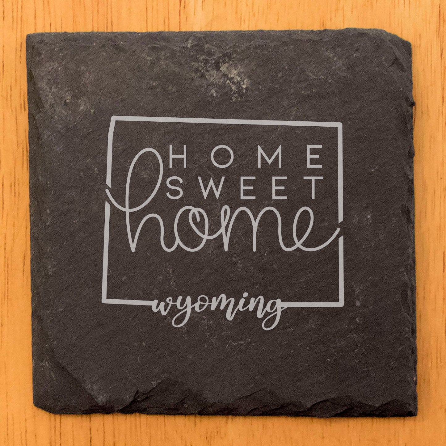 Rustic Slate Coasters Set of 4 - 4" Round with Wyoming 'Home Sweet Home' Design, Laser Etched, Natural Chipped Edge, Rubber Feet, , Perfect for She-Shed or Man Cave, Made in USA
