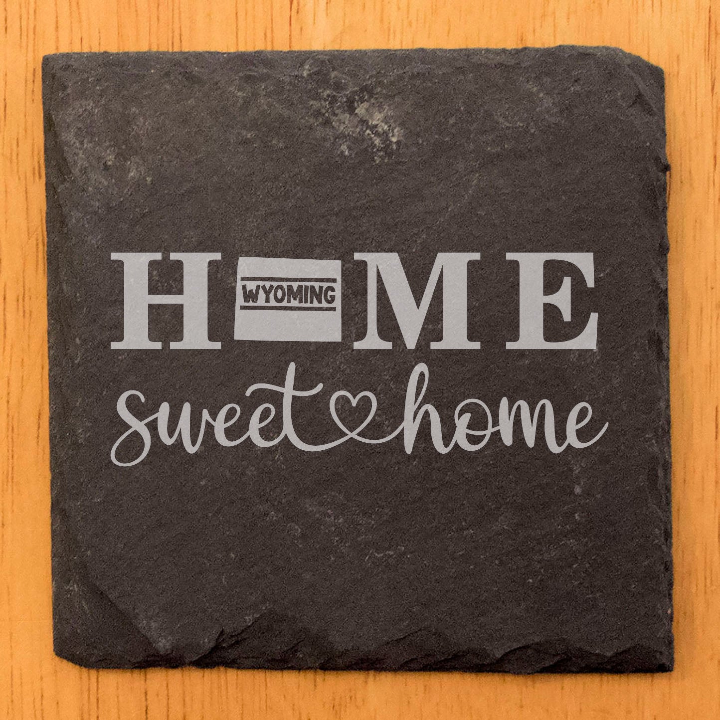 Rustic Slate Coasters Set of 4, 4" Round, Laser Etched 'HOME SWEET HOME' Design, Perfect Gift for Holidays, Birthdays, Housewarming, Made in Oregon, USA, Natural Chipped Edge, Rubber Feet