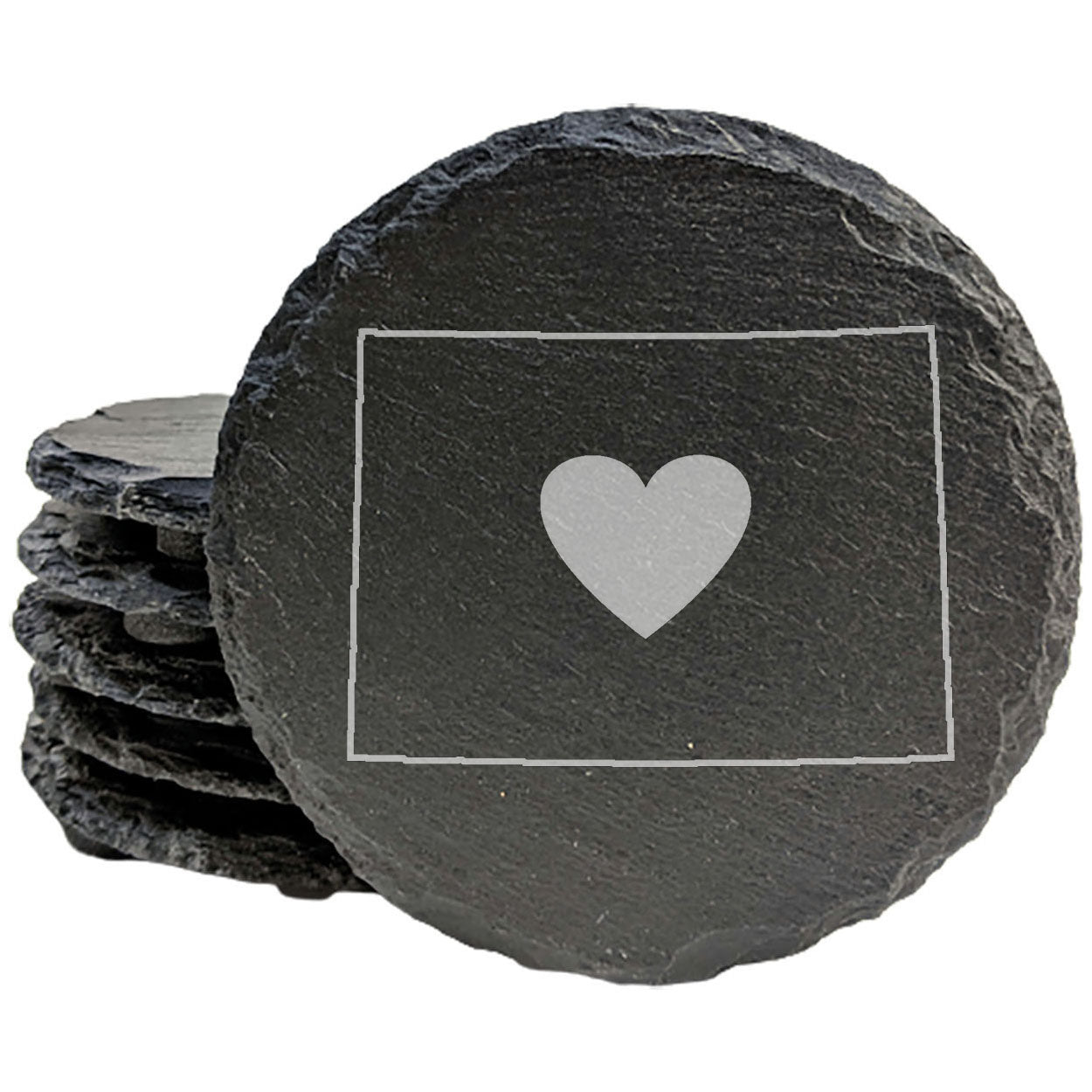 Rustic Slate Coasters Set of 4, Round 4" with Wyoming Heart Design, Perfect for Holidays, Birthdays, Housewarming Gifts, She-Shed or Man Cave, Made in Oregon, USA, Natural Chipped Edge, Rubber Feet