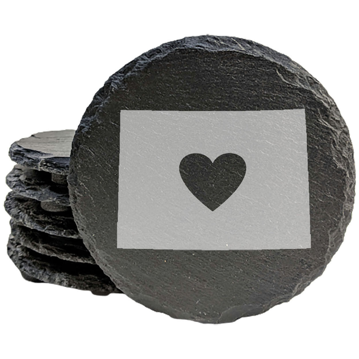 Rustic Slate Coasters Set of 4, Round 4" with Wyoming Heart Design, Laser Etched, Natural Chipped Edge, Rubber Feet, , Perfect for Holidays, Birthdays, Housewarming, Made in USA
