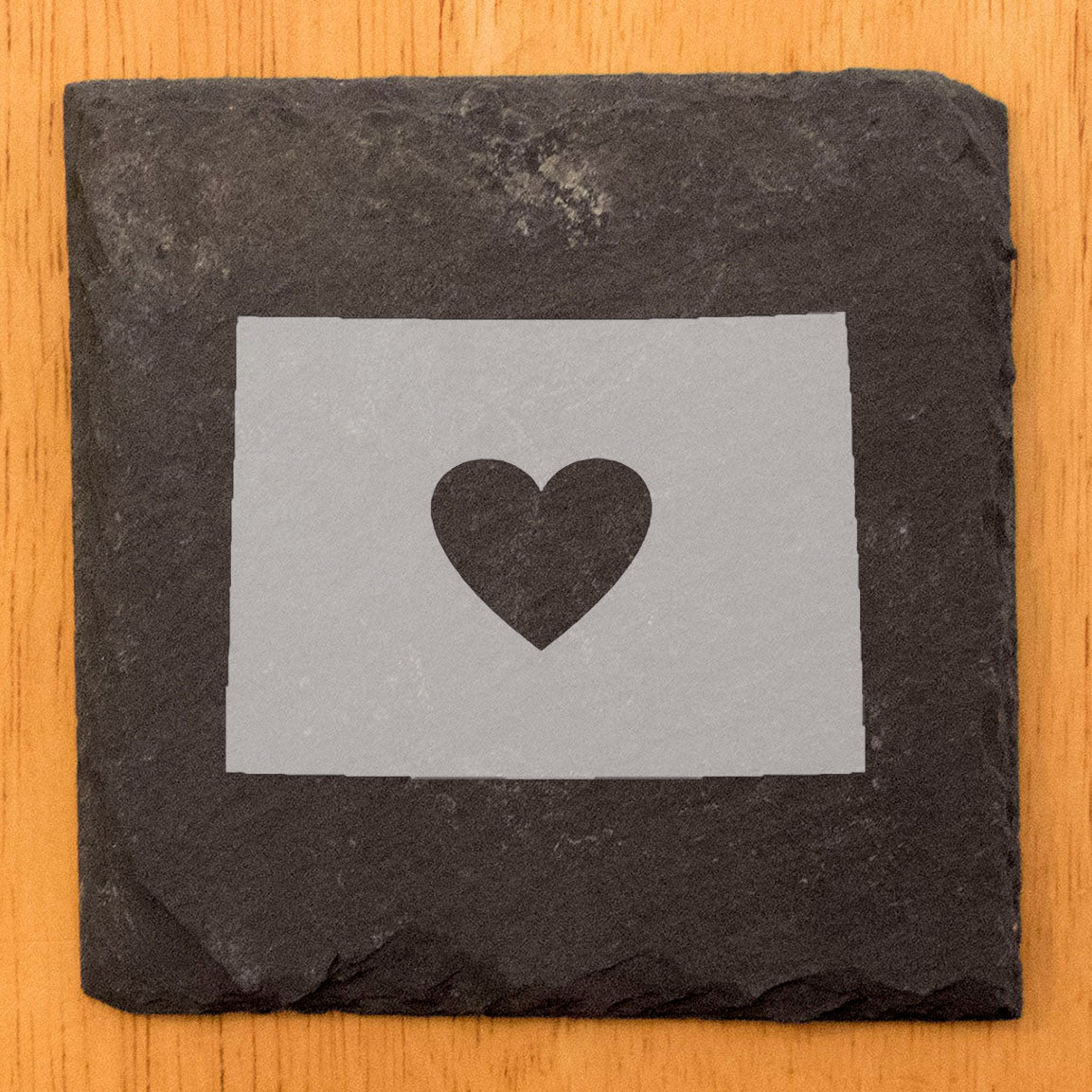 Rustic Slate Coasters Set of 4, Round 4" with Wyoming Heart Design, Laser Etched, Natural Chipped Edge, Rubber Feet, , Perfect for Holidays, Birthdays, Housewarming, Made in USA