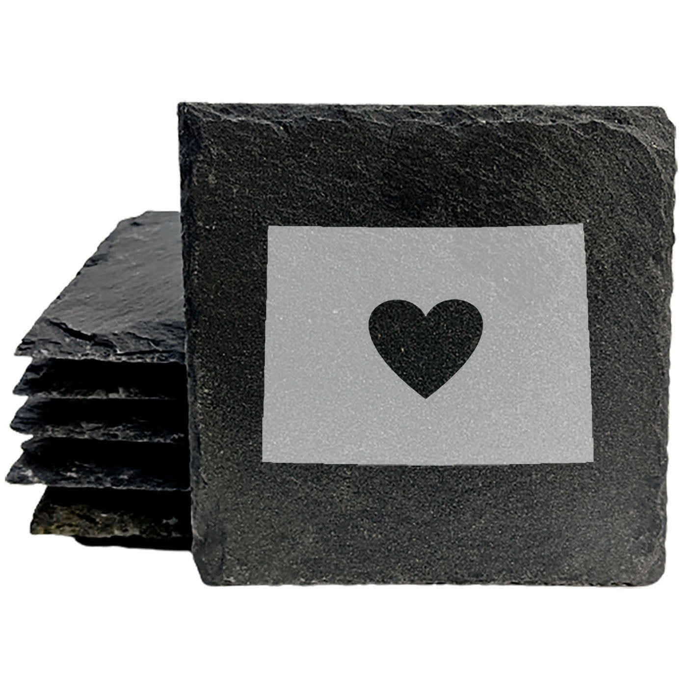 Rustic Slate Coasters Set of 4, Round 4" with Wyoming Heart Design, Laser Etched, Natural Chipped Edge, Rubber Feet, , Perfect for Holidays, Birthdays, Housewarming, Made in USA