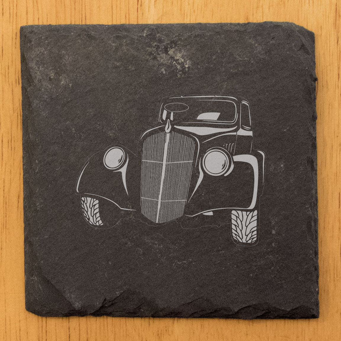 1933 Willys Coupe Design Rustic Gray Slate Coasters Set of 4 - Laser Etched for She-Shed Man Cave - All-Occasion Gifts for Holidays Birthdays Housewarming - Made in Oregon USA by Small Business