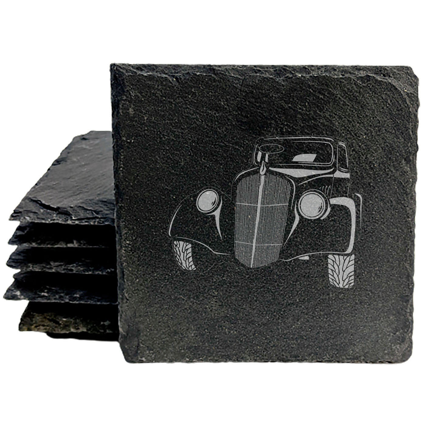 1933 Willys Coupe Design Rustic Gray Slate Coasters Set of 4 - Laser Etched for She-Shed Man Cave - All-Occasion Gifts for Holidays Birthdays Housewarming - Made in Oregon USA by Small Business