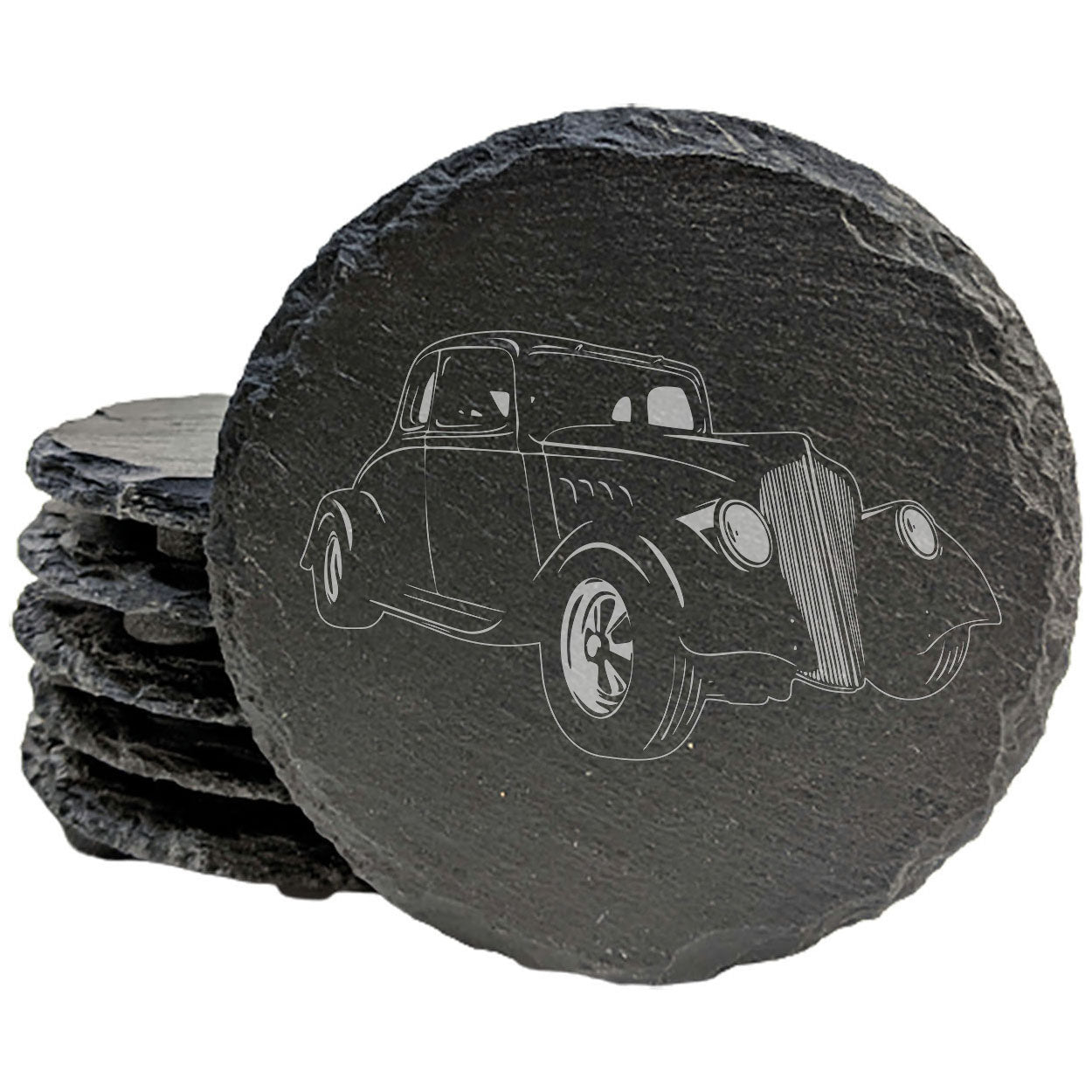 1933 Willys Coupe Design Rustic Gray Slate Coasters Set of 4 - Laser Etched for She-Shed Man Cave - All-Occasion Gifts for Holidays Birthdays Housewarming - Made in Oregon USA by Small Business