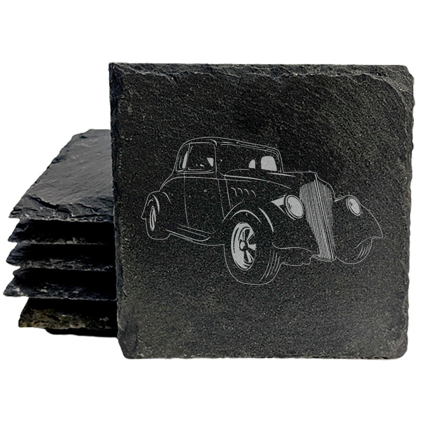 1933 Willys Coupe Design Rustic Gray Slate Coasters Set of 4 - Laser Etched for She-Shed Man Cave - All-Occasion Gifts for Holidays Birthdays Housewarming - Made in Oregon USA by Small Business