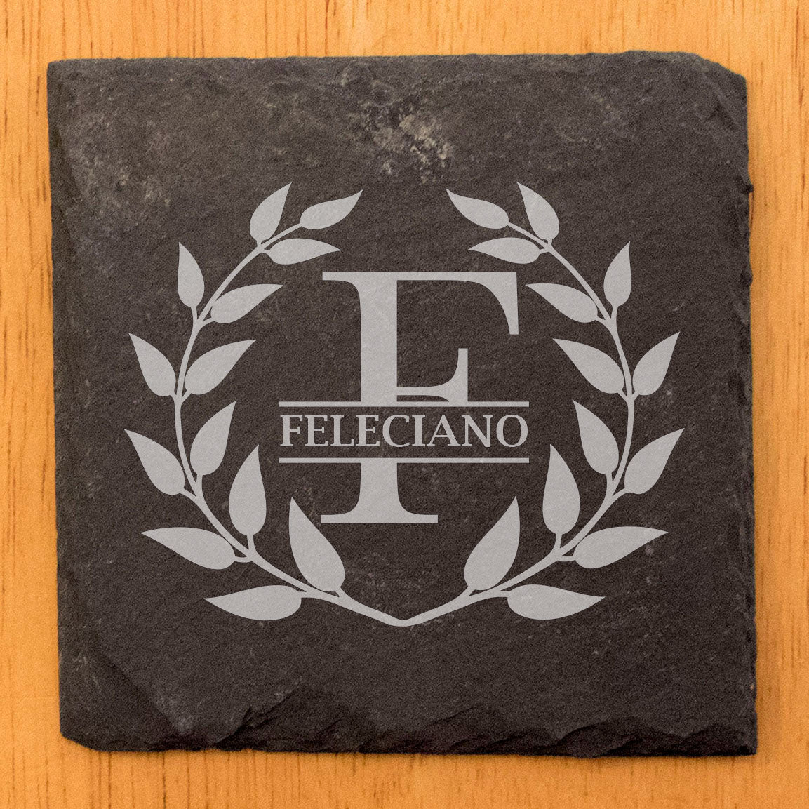 ustic Elegance: Personalized Slate Coasters with Wreath Design