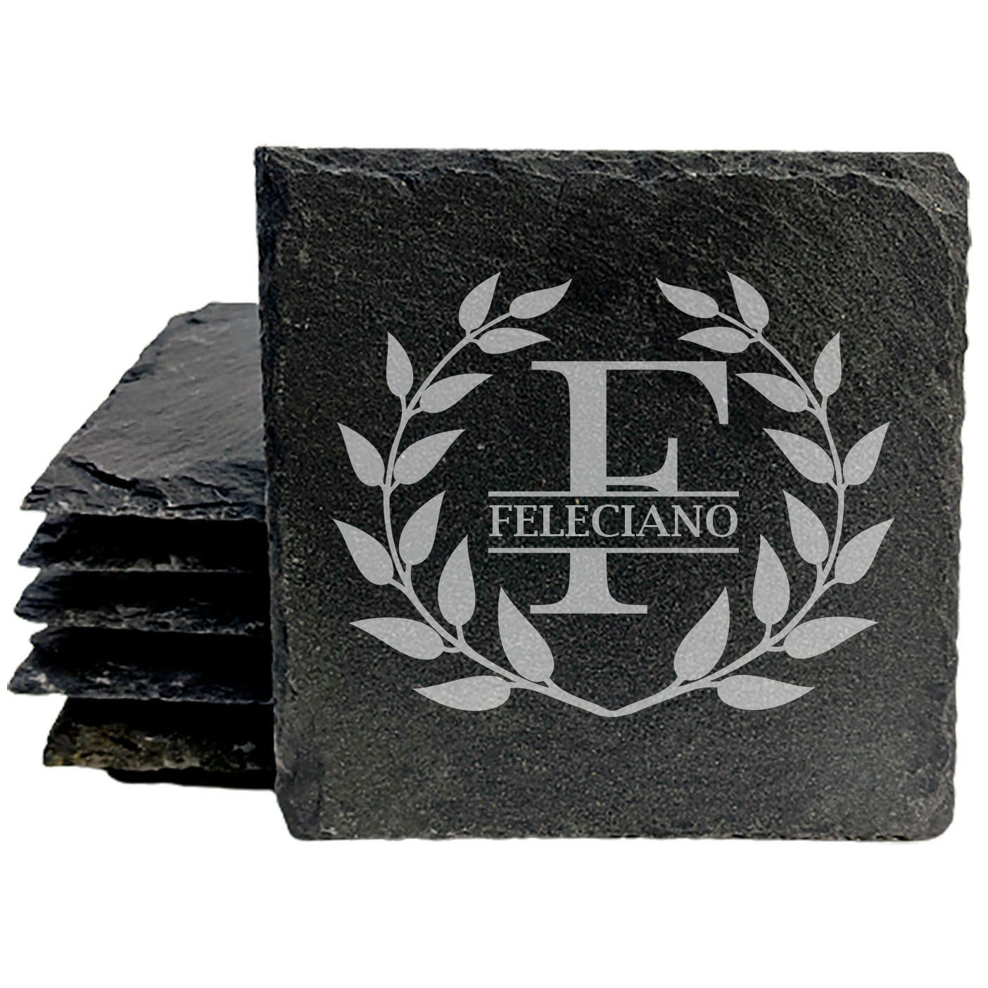 ustic Elegance: Personalized Slate Coasters with Wreath Design